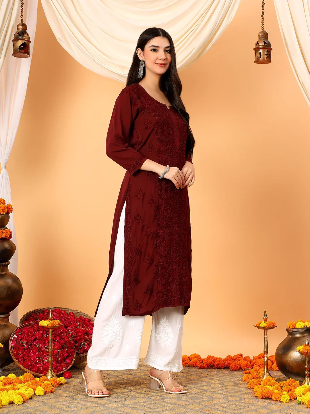 Alina Chikankari Modal Straight Kurta (Brown)