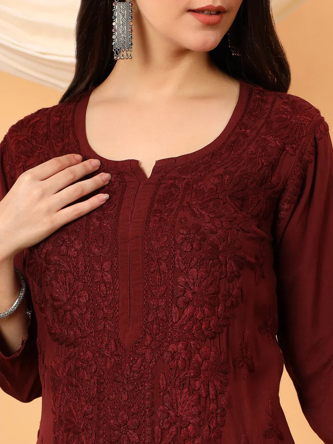 Alina Chikankari Modal Straight Kurta (Brown)