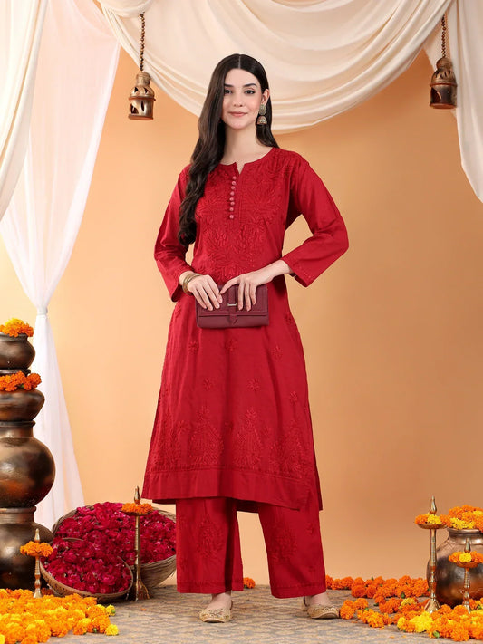 Priya Chikankari Kurta Palazzo Cotton Co-ord Set (Maroon)