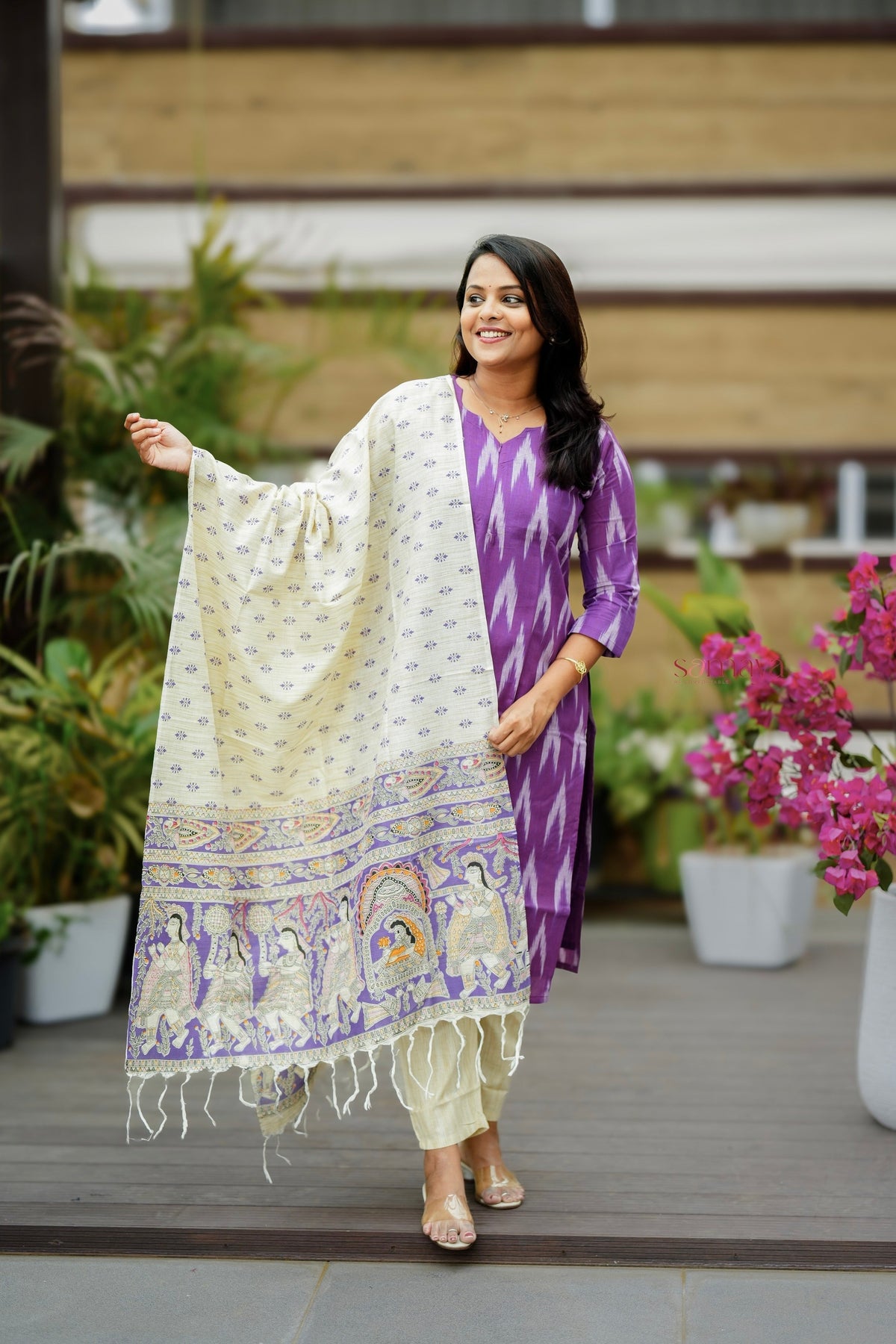Pari -purple ikkat  Cotton 3 piece Set with lining