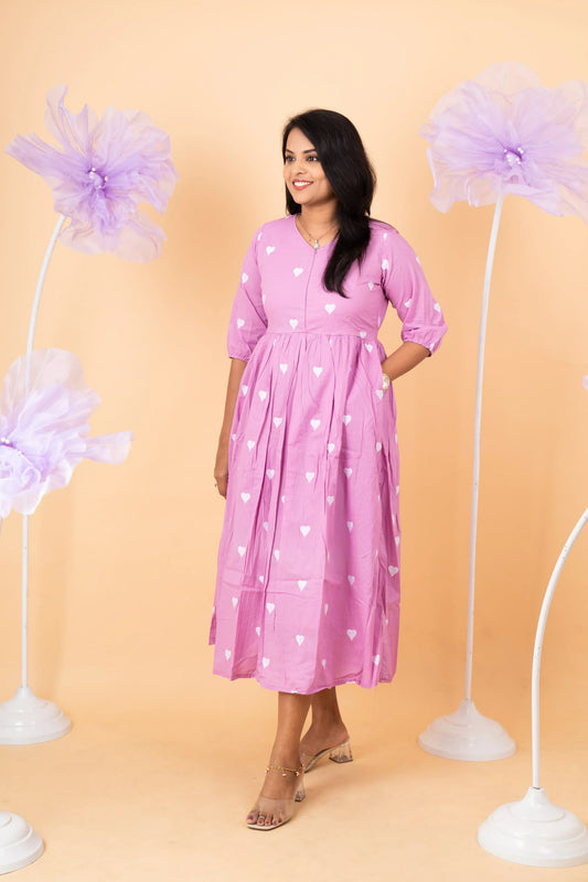 Lavender heart embroidered pure cotton casual  Dress With Lining (minor  stain in the dress so sold at sale price )