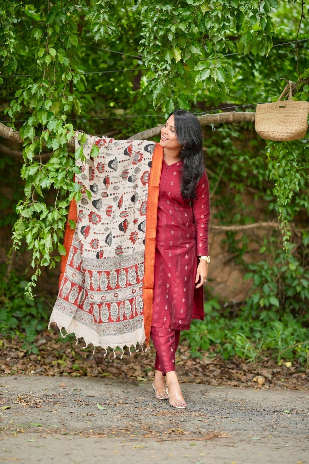 Nithya raw silk Kurta Set with hand painted kalamkari dupptta (ready to dispatch)