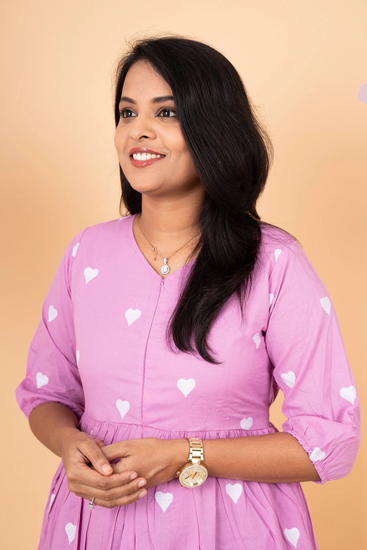 Lavender heart embroidered pure cotton casual  Dress With Lining (minor  stain in the dress so sold at sale price )