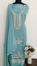 Load image into Gallery viewer, Designer Embroidered Suit Length 3 Piece Aqua Blue Organza With Stone Work
