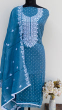 Load image into Gallery viewer, Designer Embroidered Suit Length 3 Piece Blue Linen With Embroidered Cotton Dupatta
