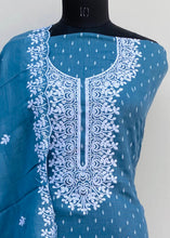 Load image into Gallery viewer, Designer Embroidered Suit Length 3 Piece Blue Linen With Embroidered Cotton Dupatta
