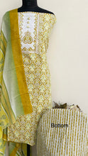 Load image into Gallery viewer, Designer Embroidered Suit Length 3 Piece Mustard Mal Cotton
