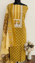 Load image into Gallery viewer, Designer Embroidered Suit Length 3 Piece Mustard Mal Cotton
