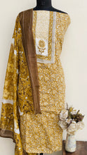 Load image into Gallery viewer, Designer Embroidered Suit Length 3 Piece Mustard Mal Cotton
