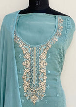 Load image into Gallery viewer, Designer Embroidered Suit Length 3 Piece Aqua Blue Organza With Stone Work
