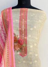 Load image into Gallery viewer, Designer Embroidered Suit Length 3 Piece Beige Kota With Mirror Work
