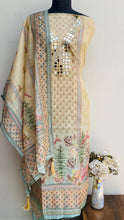 Load image into Gallery viewer, Designer Embroidered Suit Length 3 Piece Beige Kota With Mirror Work With Embroidered Cotton Dupatta
