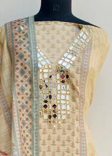 Load image into Gallery viewer, Designer Embroidered Suit Length 3 Piece Beige Kota With Mirror Work With Embroidered Cotton Dupatta
