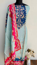 Load image into Gallery viewer, Designer Embroidered Suit Length 3 Piece Aqua Blue Organza With Mirror &amp; Stone Work
