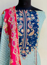 Load image into Gallery viewer, Designer Embroidered Suit Length 3 Piece Aqua Blue Organza With Mirror &amp; Stone Work

