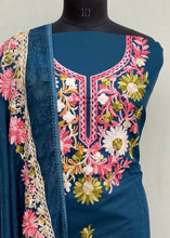 Load image into Gallery viewer, Designer Embroidered Suit Length 3 Piece Navy Blue Mal Chanderi With Embroidered Cotton Dupatta
