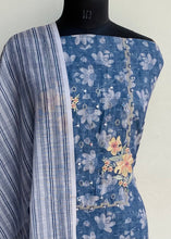 Load image into Gallery viewer, Designer Embroidered Suit Length 3 Piece Blue Linen With Mirror Work
