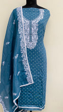 Load image into Gallery viewer, Designer Embroidered Suit Length 3 Piece Blue Linen With Embroidered Cotton Dupatta
