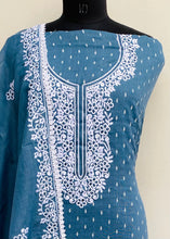 Load image into Gallery viewer, Designer Embroidered Suit Length 3 Piece Blue Linen With Embroidered Cotton Dupatta
