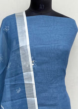 Load image into Gallery viewer, Designer Embroidered Suit Length 3 Piece Blue Linen With Mirror Work
