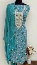 Load image into Gallery viewer, Designer Embroidered Suit Length 3 Piece Aqua Blue Mal Cotton With Mirror &amp; Sequence Work
