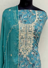 Load image into Gallery viewer, Designer Embroidered Suit Length 3 Piece Aqua Blue Mal Cotton With Mirror &amp; Sequence Work
