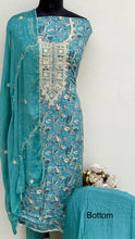 Load image into Gallery viewer, Designer Embroidered Suit Length 3 Piece Aqua Blue Mal Cotton With Mirror &amp; Sequence Work
