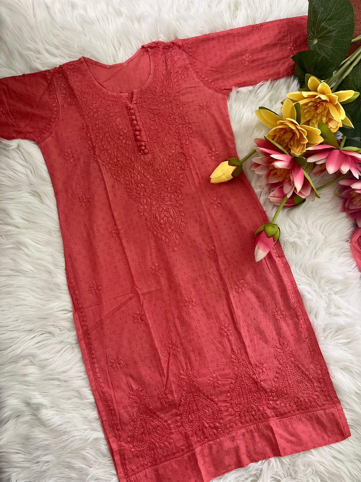 Pink Lucknow Chikankari Hand Work Dobby Cotton Tone-to-Tone 3-Piece Co-ord Palazzo Set with Chiffon Dupatta