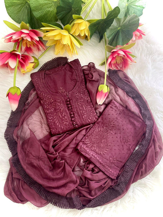 Wine Lucknow Chikankari Hand Work Dobby Cotton Tone-to-Tone 3-Piece Co-ord Palazzo Set with Chiffon Dupatta